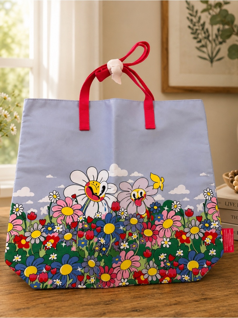 Estee Lauder Light Blue Floral Smile Tote with Red Handles